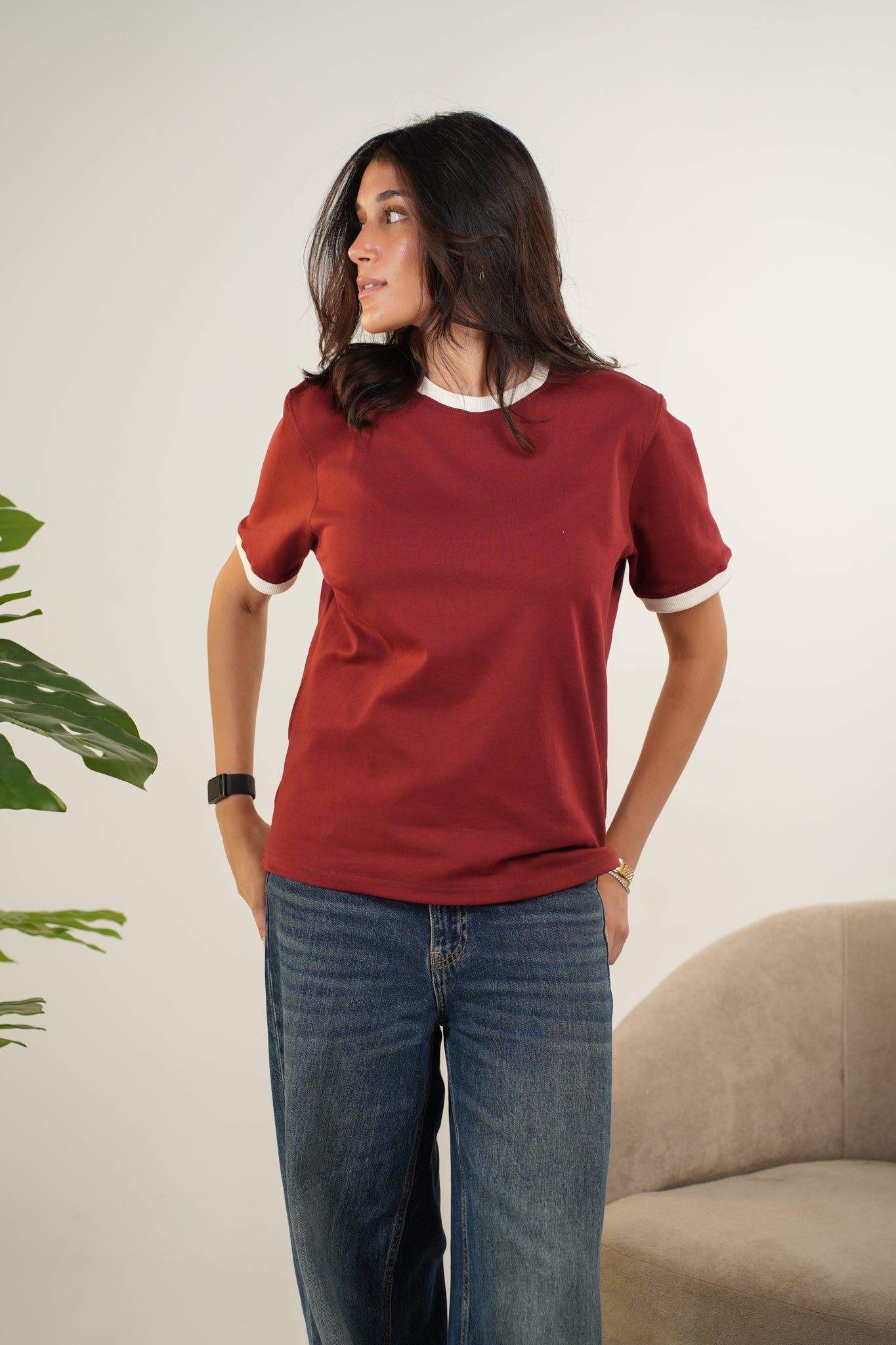 BURGANDY RINGER TEE