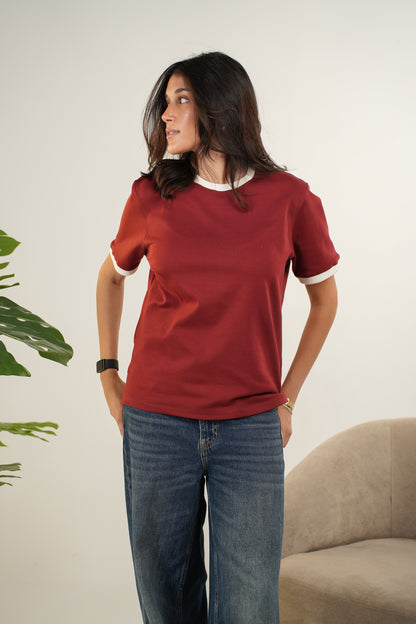 BURGANDY RINGER TEE